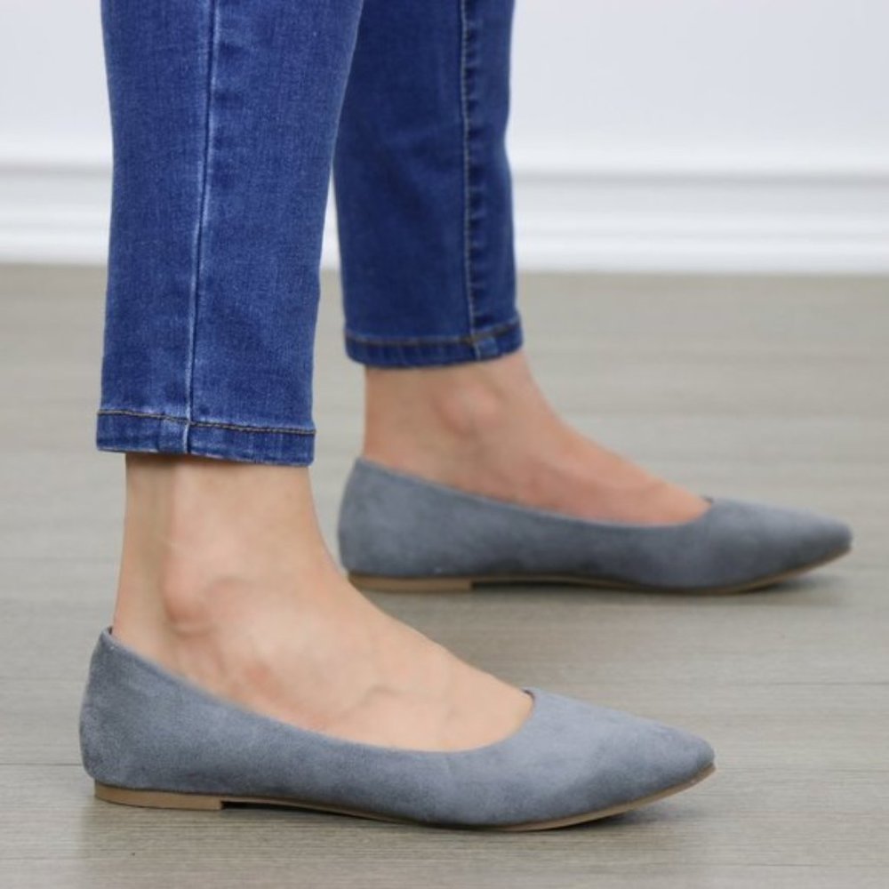 Gray Vegan Suede Pointy Toe Flat Shoes - Picture 6 of 7